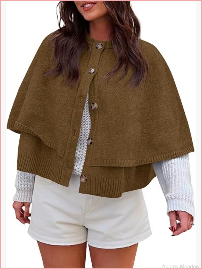 Crew Neck Cropped Cape Cardigan Button Front Knit Sweater Jacket